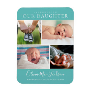 Modern Photo Collage Baby Announcement Teal Magnet