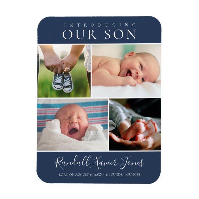 Modern Photo Collage Baby Boy Announcement Blue Magnet (Vertical)