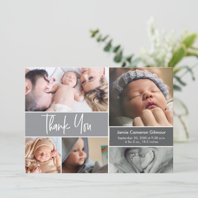 Modern Photo Collage Baby Shower Handlettering Thank You Card (Standing Front)