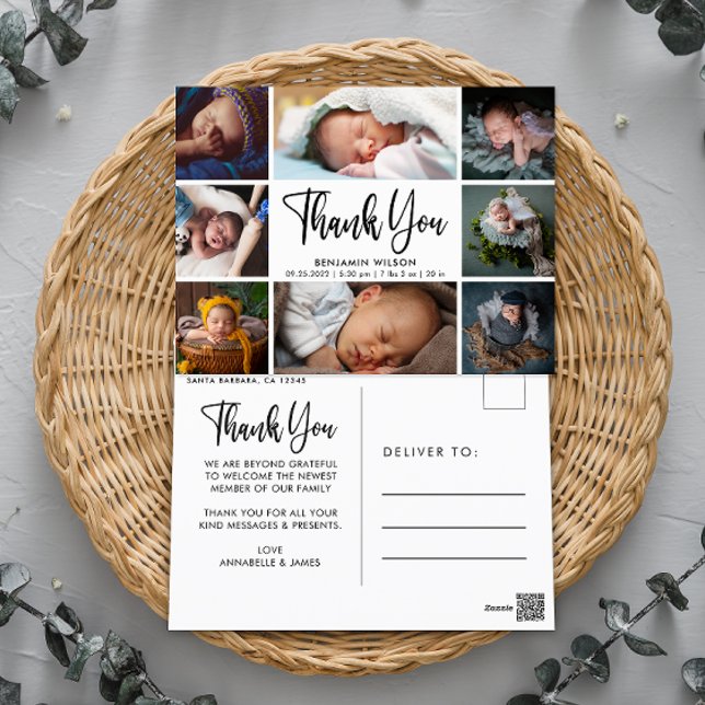 Modern Photo Collage Baby Thank You Announcement Postcard (Creator Uploaded)