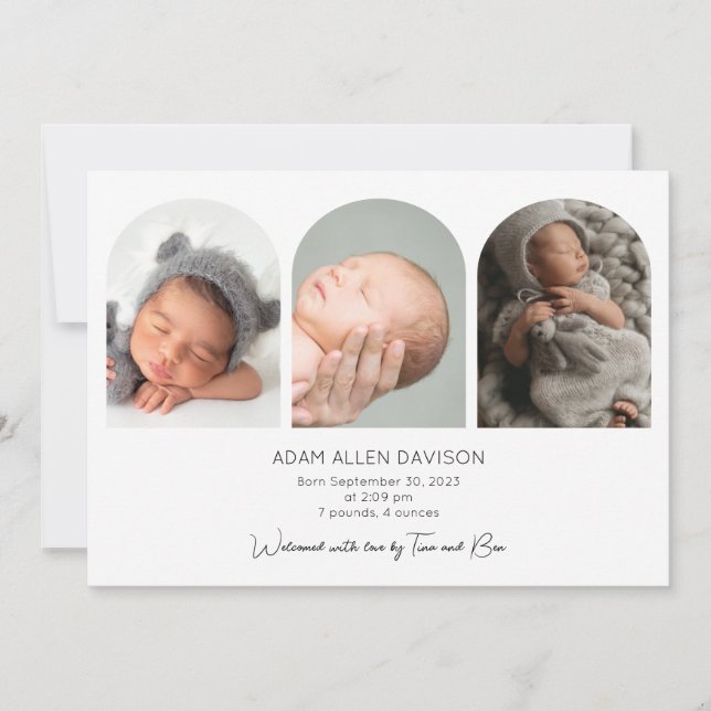 Modern Photo Collage Birth Announcement Card (Front)