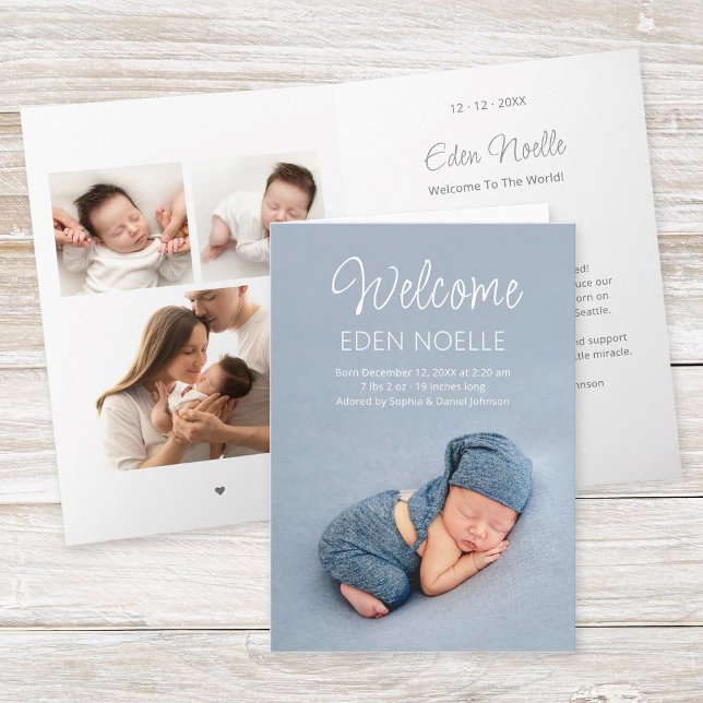 Modern Photo Collage Birth Announcement Fold Card (White elegant script, folded baby birth announcement card with 3 photo collage and gray tex inside. )