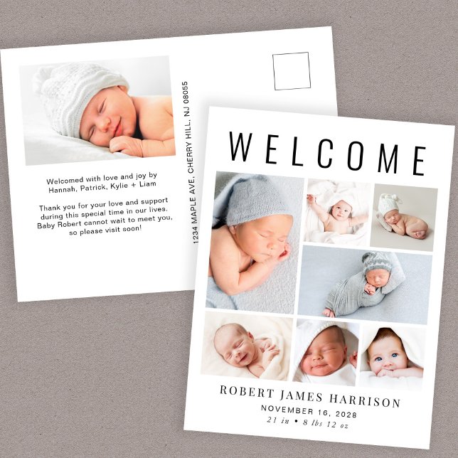 Modern Photo Collage Birth Announcement Postcard (Creator Uploaded)