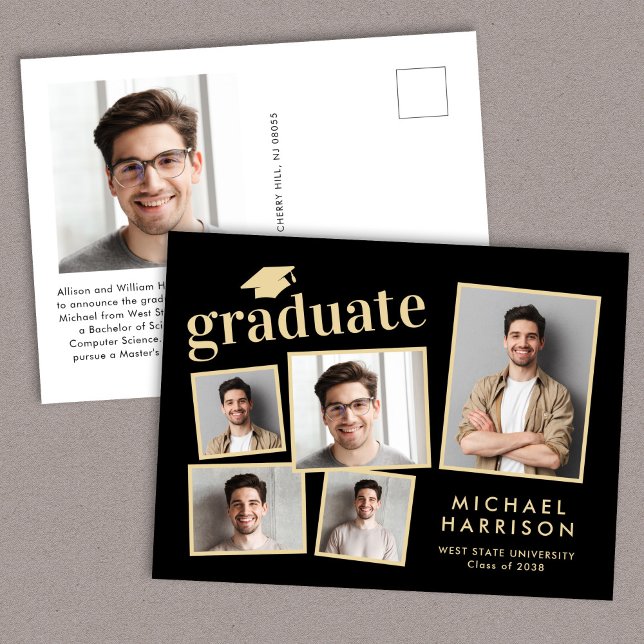 Modern Photo Collage Black Gold Graduation Announcement Postcard (Cherish the milestone: share your graduate's achievement with a custom photo graduation announcement)