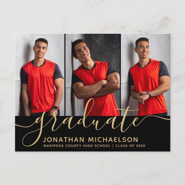 Modern Photo Collage Black Gold Graduation Announcement Postcard (Front)