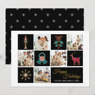 Modern Photo Collage Black Gold Holiday Card