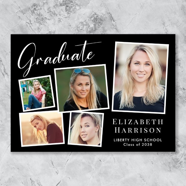 Modern Photo Collage Black Graduation Announcement (Cherish the milestone: share your graduate's achievement with a custom photo graduation announcement)