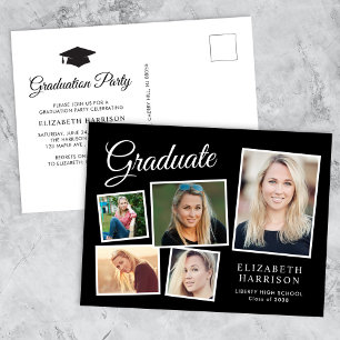 Modern Photo Collage Black Graduation Party Invitation Postcard