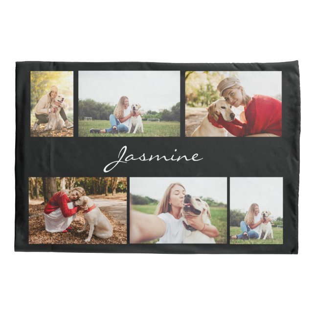Modern Photo Collage Black Pillowcase (Back)