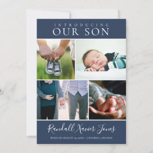 Modern Photo Collage Blue Baby Boy Birth Announcement