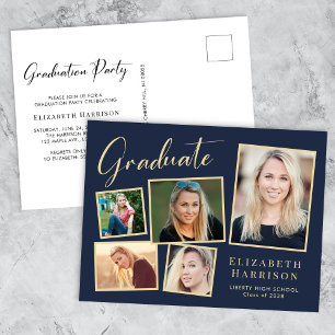 Modern Photo Collage Blue Gold Graduation Party Invitation Postcard