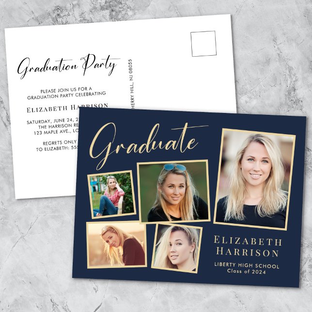 Modern Photo Collage Blue Gold Graduation Party Invitation Postcard (Creator Uploaded)