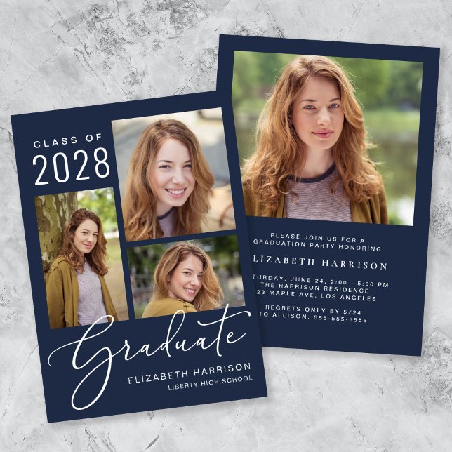 Modern Photo Collage Blue Graduation Party Invitation (An elegant photo collage graduation party invitation to celebrate the graduate's achievements)