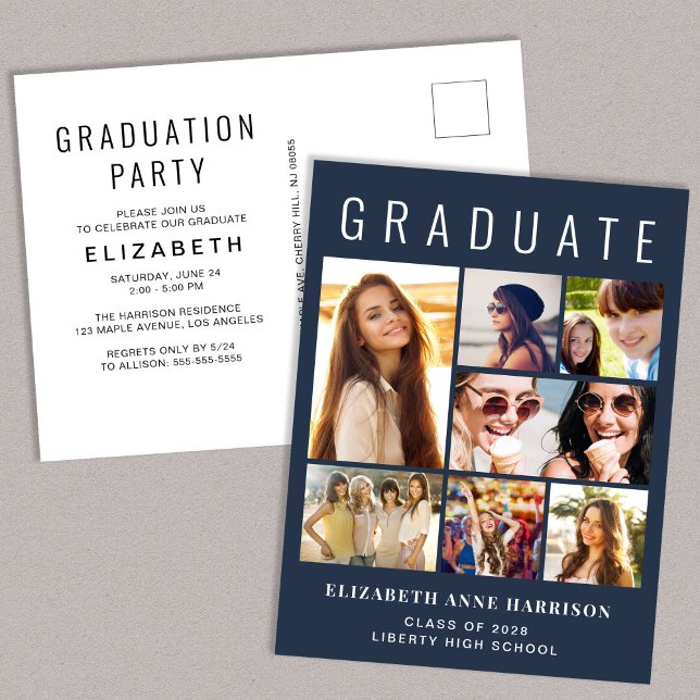 Modern Photo Collage Blue Graduation Party Invitation Postcard (Creator Uploaded)