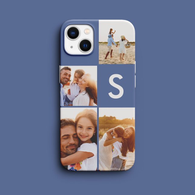 Modern photo collage blue initial monogram iPhone case (Creator Uploaded)