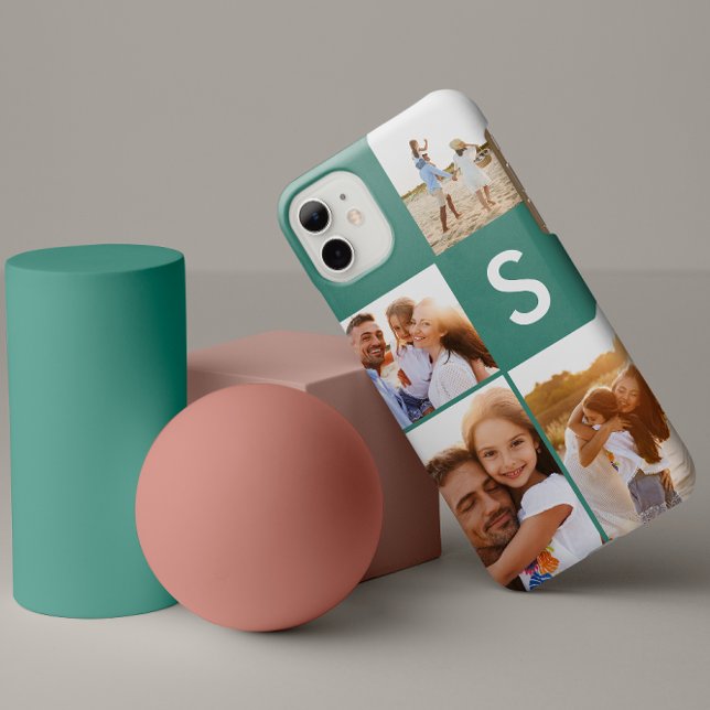 Modern photo collage bright green initial monogram iPhone case (Creator Uploaded)