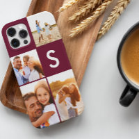 Modern photo collage burgundy initial monogram