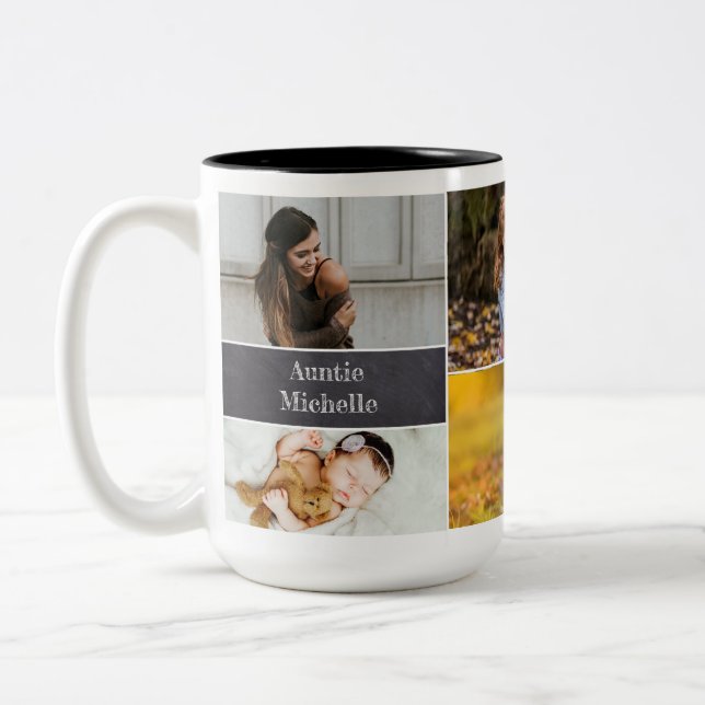 Modern Photo Collage Chalkboard Custom Auntie  Two-Tone Coffee Mug (Left)
