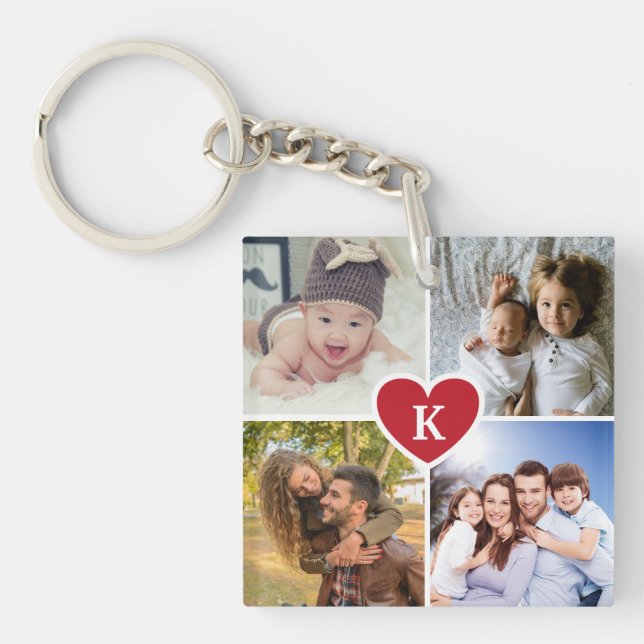 Modern Photo Collage Custom Red Heart Key Ring (Front)