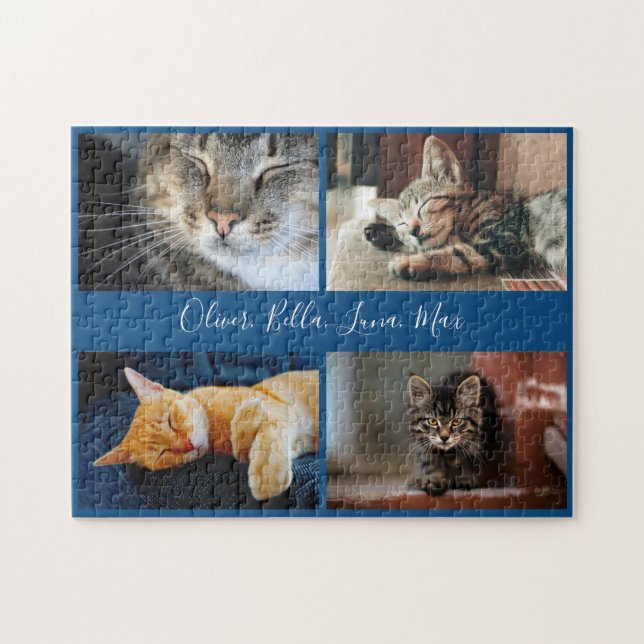 Modern Photo Collage Custom Script Name on Blue Jigsaw Puzzle (Horizontal)