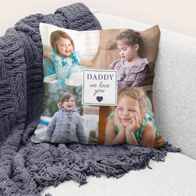 Modern Photo Collage Daddy Cushion (Cute custom photo collage "Daddy We Love You" throw pillow.)