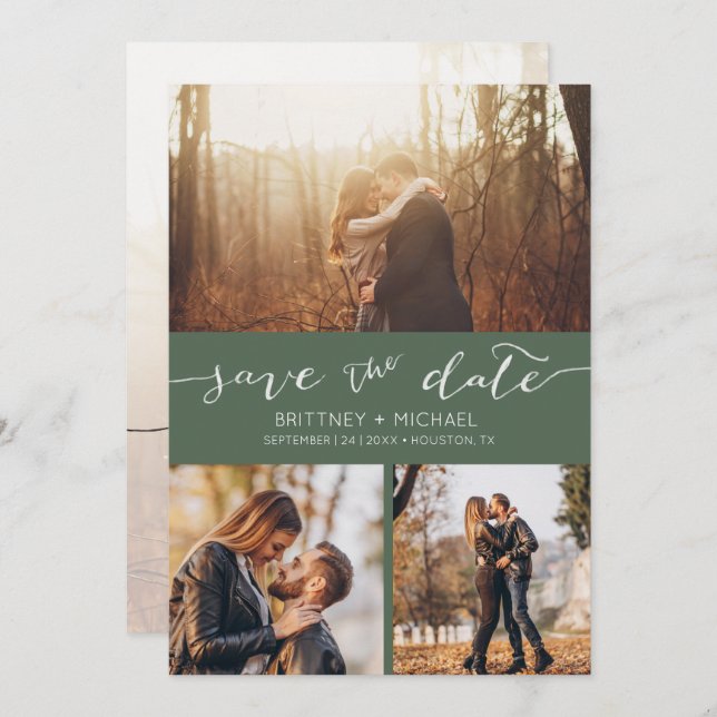 Modern Photo Collage Dark Sage Save the Date Announcement (Front/Back)