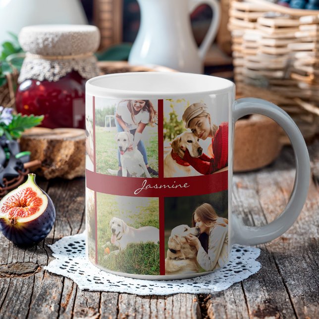 Modern Photo Collage Dog Burgundy Coffee Mug (Celebrate your furbaby with this photo collage mug.)