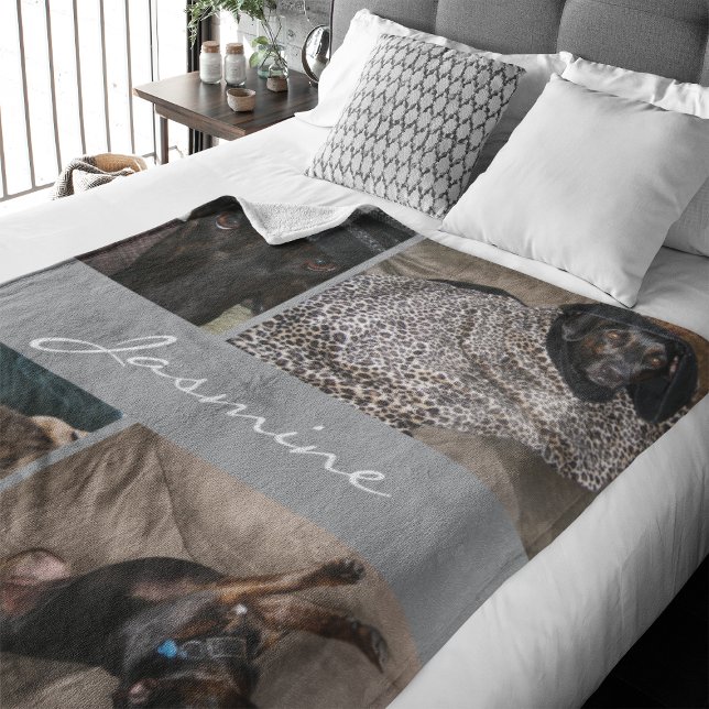 Modern Photo Collage Dog Grey Fleece Blanket (Capture precious pet moments with our Modern Pet Photo Collage Fleece Blanket. )