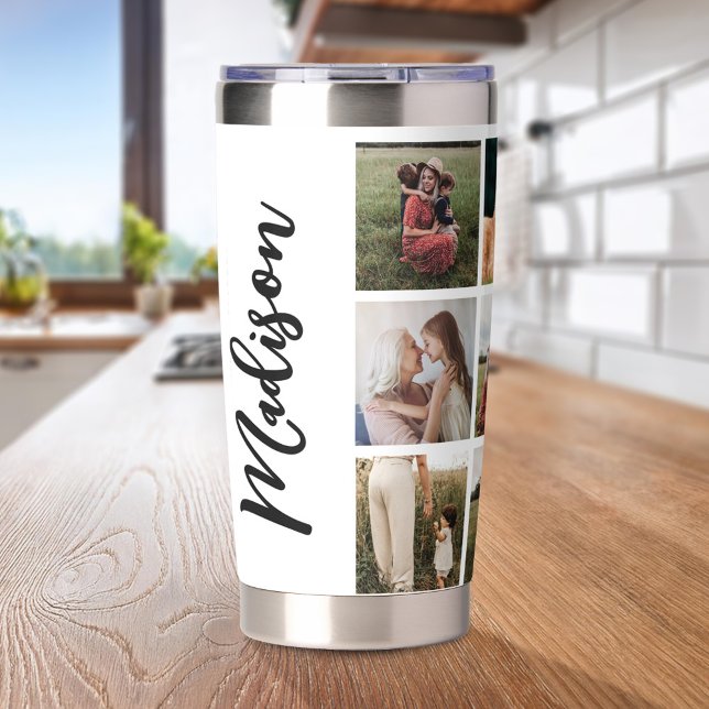 Modern Photo Collage Elegant Script Monogram Name Insulated Tumbler (Creator Uploaded)