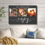 Modern Photo Collage Enjoy the Little Things Canvas Print<br><div class="desc">This stunning canvas wall art features a beautiful three-frame photo collage showcasing cherished memories, adorned with the heartfelt message, "Enjoy the Little Things." The elegant black and white design, combined with exquisite script and print typography, creates a sophisticated and enduring piece that will complement any interior style. Personalise it with...</div>