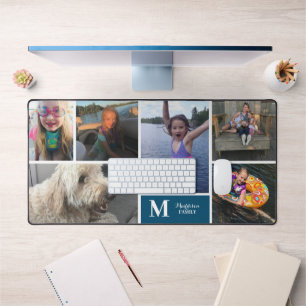 Modern Photo Collage Family Last Name Monogram Desk Mat
