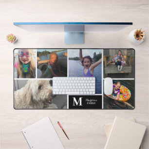 Modern Photo Collage Family Last Name Monogram Desk Mat