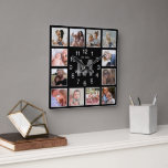Modern Photo Collage Family Name Black Square Wall Clock<br><div class="desc">Monogram picture wall clock featuring a stylish black background that can be changed to any colour,  a 12 square photo collage,  your initial,  your family name,  and the year established.</div>