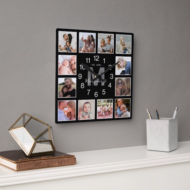 Modern Photo Collage Family Name Black Square Wall Clock (Office)