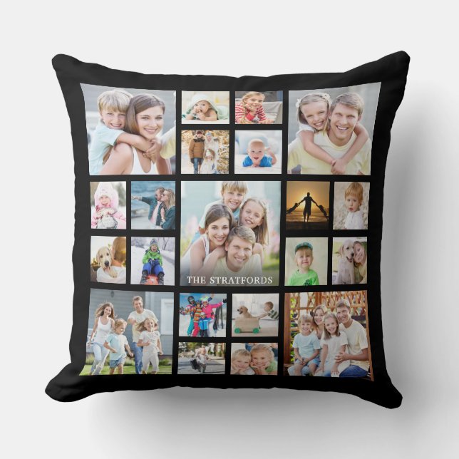 Modern Photo Collage Family Name or Title Black Cushion (Front)