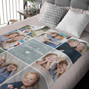Modern Photo Collage for Grandma Custom Gift Blue Fleece Blanket
