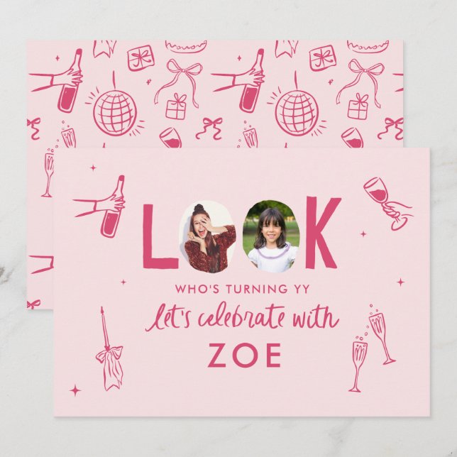 Modern Photo Collage Fun Hand-Drawn Birthday Invitation (Front/Back)