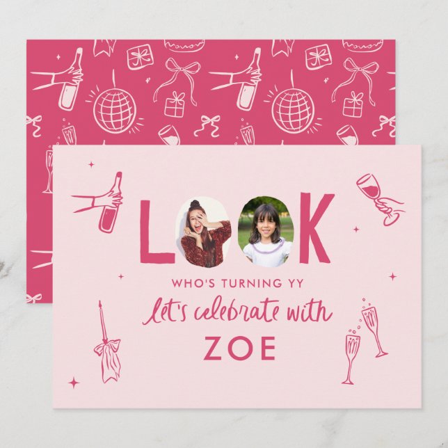 Modern Photo Collage Fun Hand-Drawn Birthday Invitation (Front/Back)