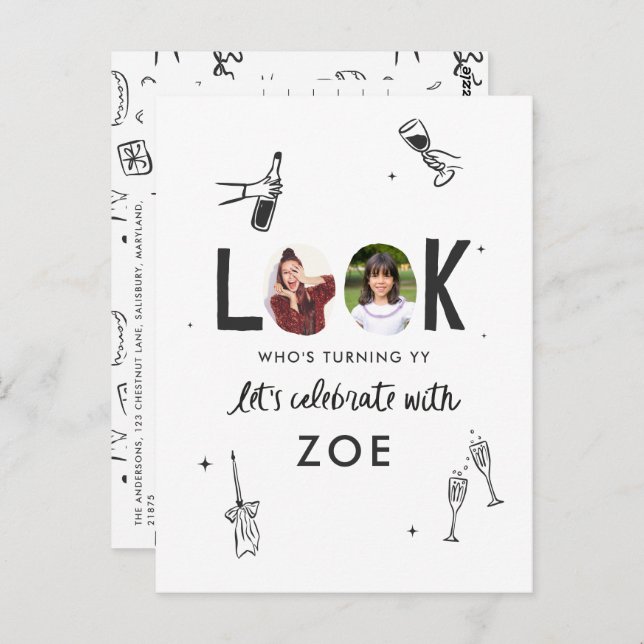 Modern Photo Collage Fun Hand-Drawn Birthday Postcard (Front/Back)