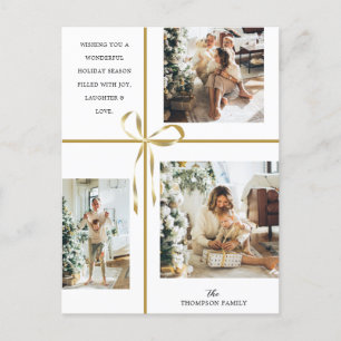 Modern Photo Collage Gold Box Ribbon Christmas Holiday Postcard