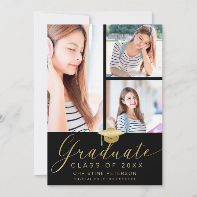 Modern Photo Collage Gold Script Black Graduation Announcement (Front)