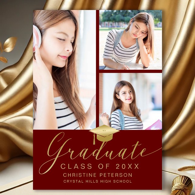 Modern Photo Collage Gold Script Red Graduation Announcement (Modern Photo Collage Red and God Graduation Announcement)