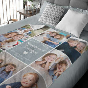 Modern Photo Collage Grandma Grandpa Custom Blue Fleece Blanket