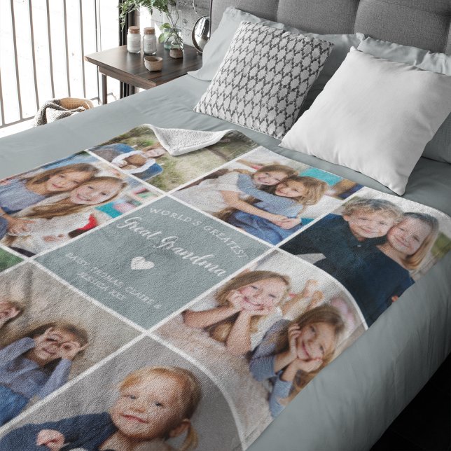 Modern Photo Collage Great Grandma Custom Blue Fleece Blanket (Creator Uploaded)