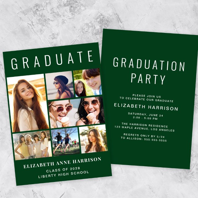 Modern Photo Collage Green Graduation Party Invitation (A modern photo collage graduation party invitation to celebrate the graduate's achievements)