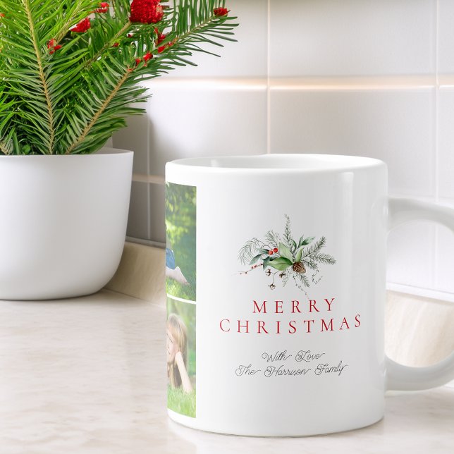 Modern Photo Collage Greenery Merry Christmas Large Coffee Mug (Modern Photo Collage Greenery Merry Christmas Giant Coffee Mug)