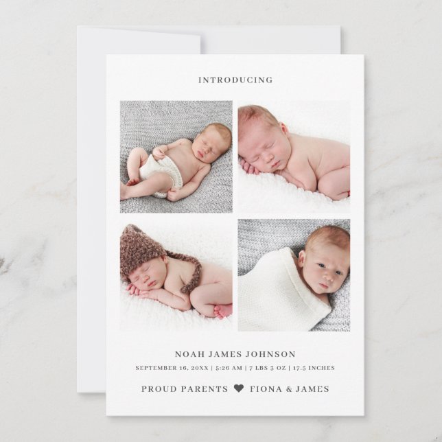 Modern Photo Collage Grid Birth Announcement (Front)