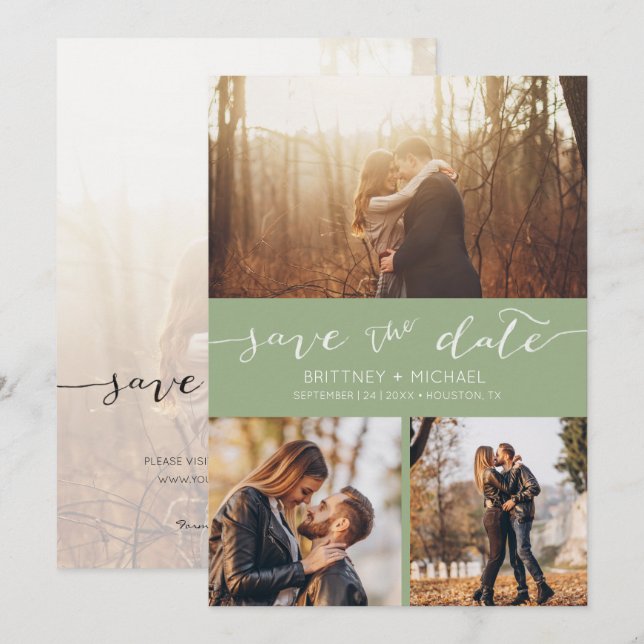 Modern Photo Collage Handwritten Sage Green Announcement (Front/Back)