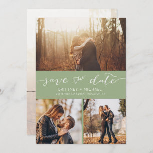 Modern Photo Collage Handwritten Sage Green Announcement
