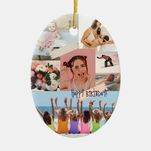 Modern photo collage Happy birthday Cute Ceramic Tree Decoration (Front)